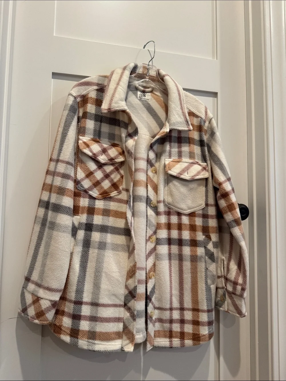 Altar'd State Plush Plaid Shacket in Cream, Tan, Gray and Blush
